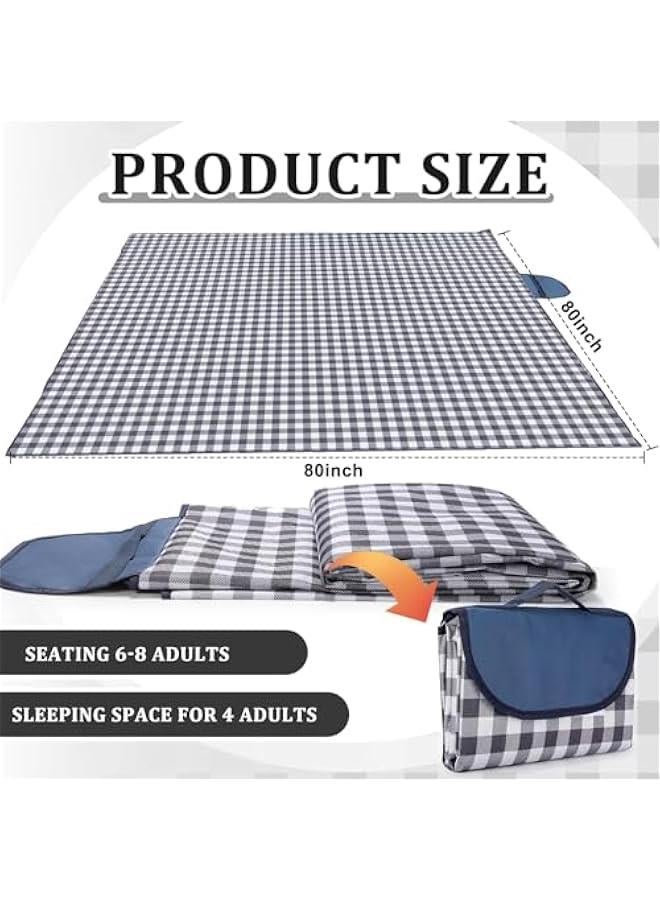 ميكسد بطانية نزهة مقاس 80×80 انش من تراسل، بطانية شاطئ مقاومة للماء وقابلة للطي، بطانية خارجية من 3 طبقات لـ 6 الى 8 بالغين، للتخييم والحديقة والشاطئ والعشب والاماكن الداخلية (ازرق وابيض)، البوليستر - Image 2