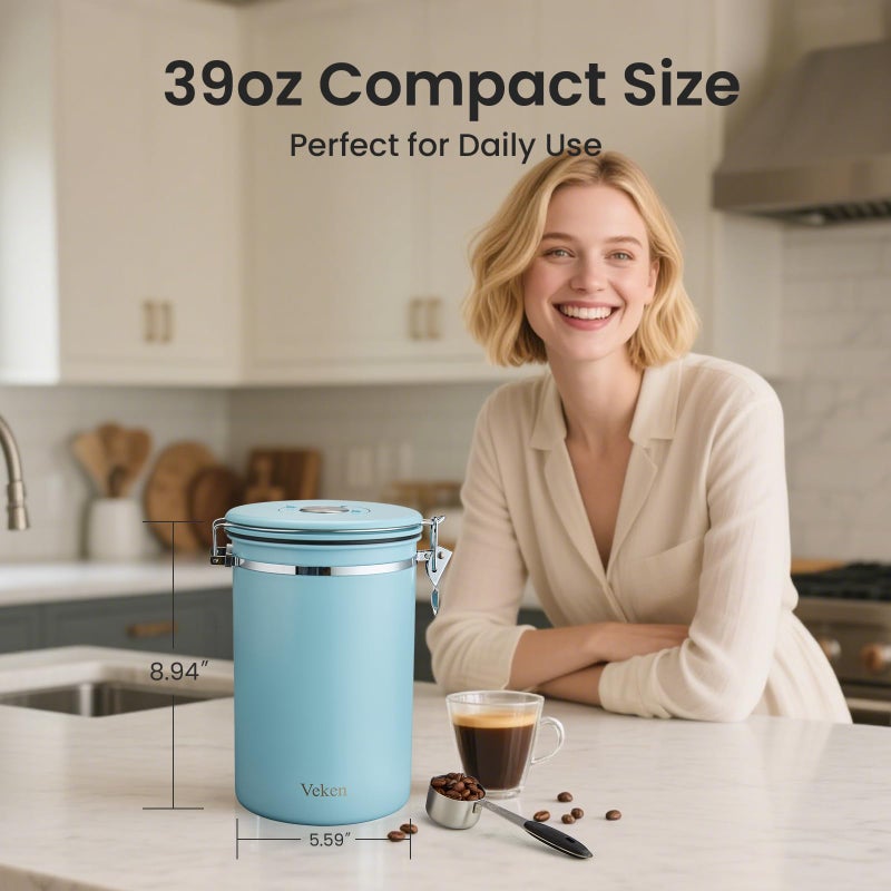 Veken Coffee Canister, 39OZ Large, Airtight Stainless Steel Food Storage Container for 2.2lbs Coffee Beans, Ground, Sugar, Tea, Cookie, Flour, Kitchen Bar Accessories with Date Tracker & Scoop, Blue - Image 3
