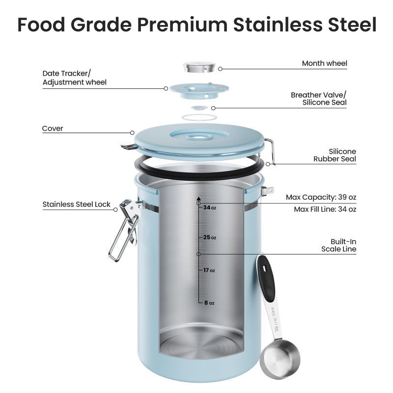 Veken Coffee Canister, 39OZ Large, Airtight Stainless Steel Food Storage Container for 2.2lbs Coffee Beans, Ground, Sugar, Tea, Cookie, Flour, Kitchen Bar Accessories with Date Tracker & Scoop, Blue - Image 5