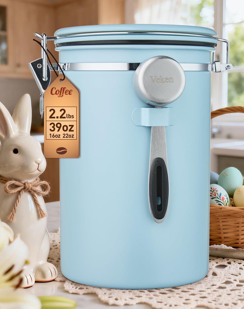Veken Coffee Canister, 39OZ Large, Airtight Stainless Steel Food Storage Container for 2.2lbs Coffee Beans, Ground, Sugar, Tea, Cookie, Flour, Kitchen Bar Accessories with Date Tracker & Scoop, Blue - Image 1
