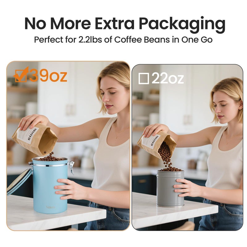 Veken Coffee Canister, 39OZ Large, Airtight Stainless Steel Food Storage Container for 2.2lbs Coffee Beans, Ground, Sugar, Tea, Cookie, Flour, Kitchen Bar Accessories with Date Tracker & Scoop, Blue - Image 4