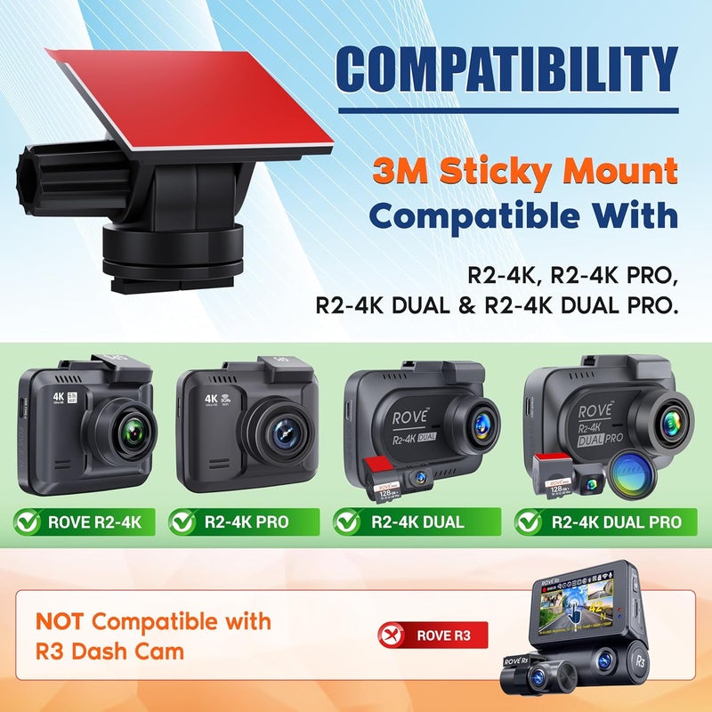 ROVE 3M Sticky Mount for R2-4K and R2-4K PRO Dash Cam | Adhesive Mount with Spare Sticky and Electrostatic Film - Image 2