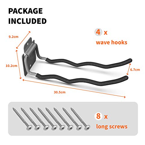 TORACK Garage Hooks Tool Organizer, 4 Pack Heavy Duty Steel 12" Wave Hooks, Wall Mount Garage Storage Utility Hook for Car Tires, Ladder, Chairs, Power Tools, Garden Tools - Image 3