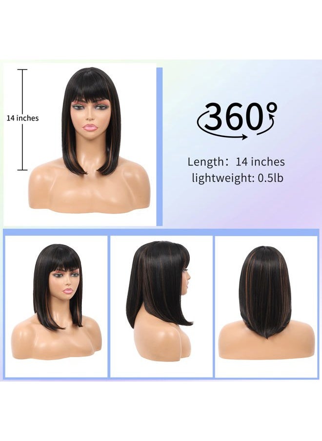 Kalyss Short Bob Wigs with Hair Bangs Black Wigs with Brown Highlights Heat Resistant Synthetic Straight Full Head Hair Wig for Women Natural Looking for Daily Wear  - Image 5