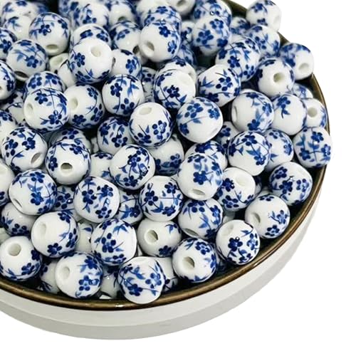 HERZWILD 120pcs Flower Ceramic Craft Beads Threading Ball Bracelets Beads Colorful Bead Set Chinese Porcelain Bead for DIY Jewelry Arts Crafts Necklace Bangle (Blue 8mm) - Image 1