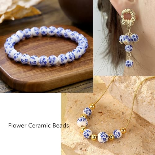 HERZWILD 120pcs Flower Ceramic Craft Beads Threading Ball Bracelets Beads Colorful Bead Set Chinese Porcelain Bead for DIY Jewelry Arts Crafts Necklace Bangle (Blue 8mm) - Image 5