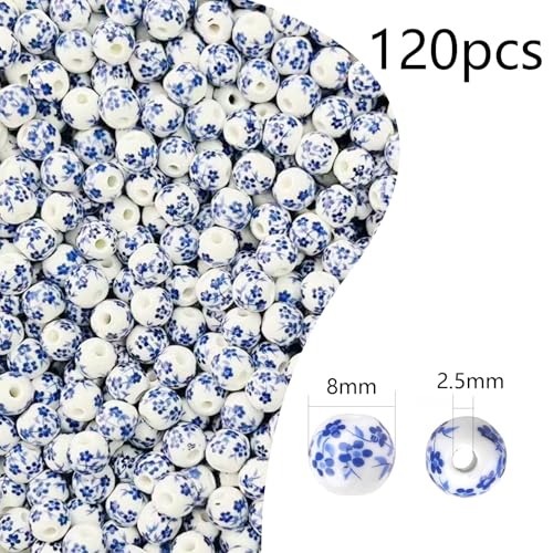 HERZWILD 120pcs Flower Ceramic Craft Beads Threading Ball Bracelets Beads Colorful Bead Set Chinese Porcelain Bead for DIY Jewelry Arts Crafts Necklace Bangle (Blue 8mm) - Image 2