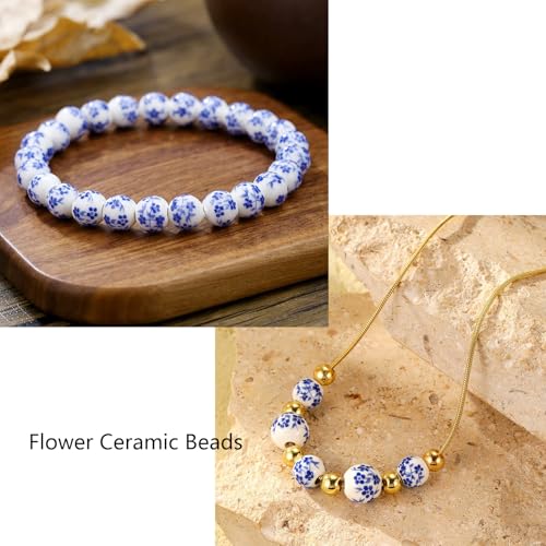 HERZWILD 120pcs Flower Ceramic Craft Beads Threading Ball Bracelets Beads Colorful Bead Set Chinese Porcelain Bead for DIY Jewelry Arts Crafts Necklace Bangle (Blue 8mm) - Image 4