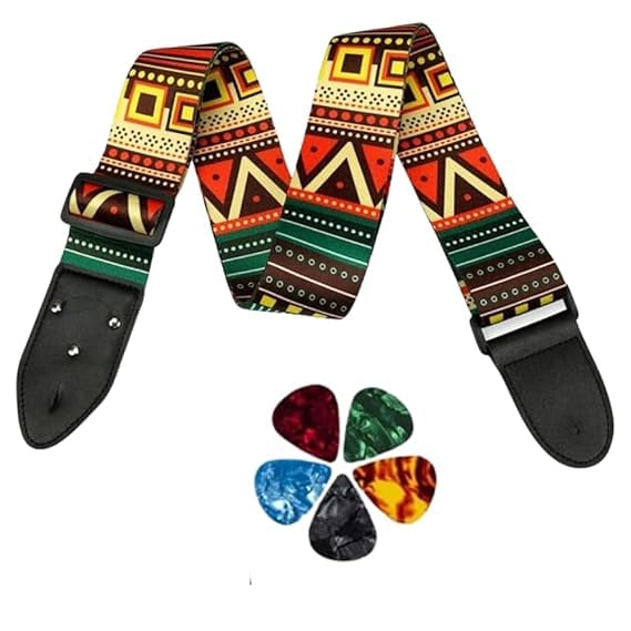 IMAGINEA Bohemian Style Adjustable Guitar Strap with Leather Ends + 5 Guitar Picks, Comfortable Cotton Strap for Acoustic, Electric & Bass Guitar - Image 1