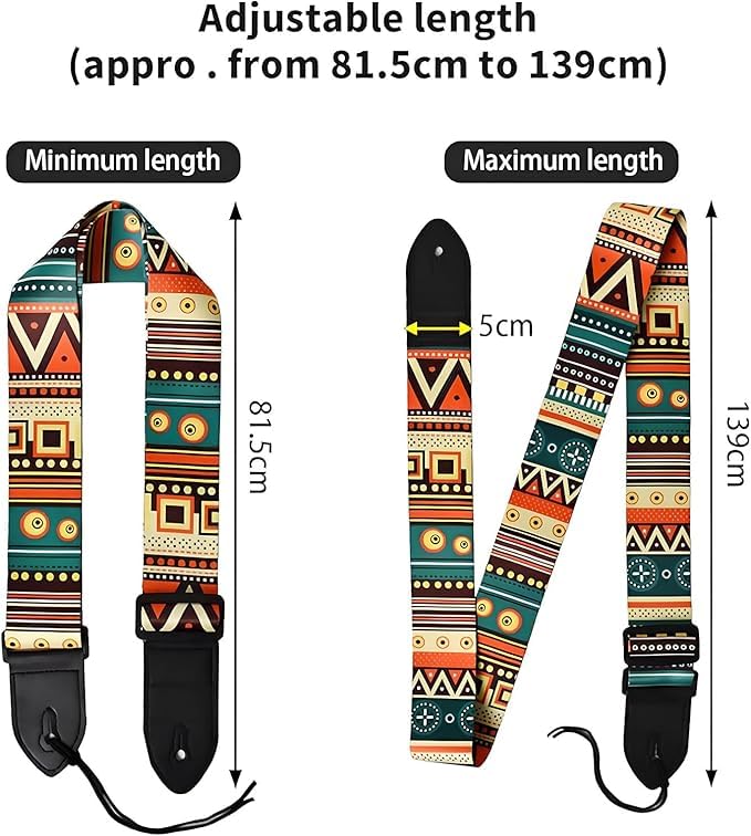 IMAGINEA Bohemian Style Adjustable Guitar Strap with Leather Ends + 5 Guitar Picks, Comfortable Cotton Strap for Acoustic, Electric & Bass Guitar - Image 2