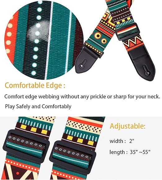 IMAGINEA Bohemian Style Adjustable Guitar Strap with Leather Ends + 5 Guitar Picks, Comfortable Cotton Strap for Acoustic, Electric & Bass Guitar - Image 3
