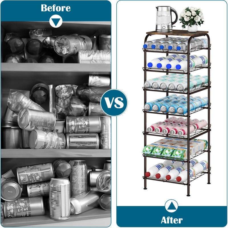 smusei Water Bottle Organizer 7 Tier Free Standing Water Bottle Storage Rack Metal Water Bottle Rack Shelf Large Capacity Bottled Water Holder Beverage Drink Stand for Kitchen Pantry Office, Brown - Image 3