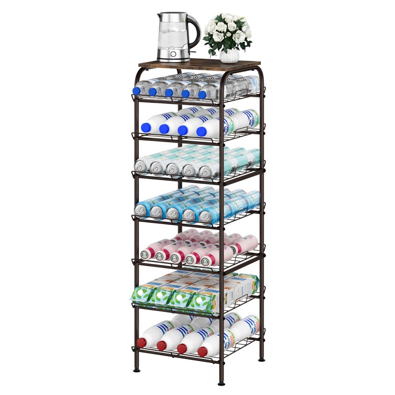 smusei Water Bottle Organizer 7 Tier Free Standing Water Bottle Storage Rack Metal Water Bottle Rack Shelf Large Capacity Bottled Water Holder Beverage Drink Stand for Kitchen Pantry Office, Brown - Image 1