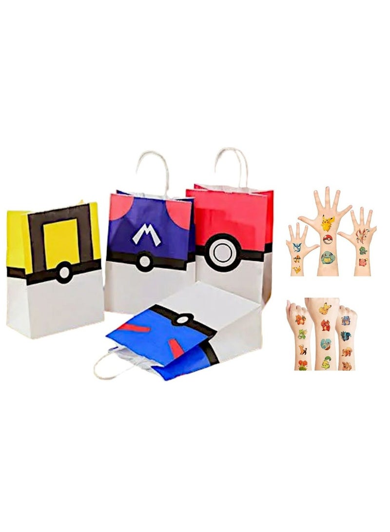 Tamona Pokémon Birthday Gift Bags, Pikachu Themed Candy Birthday Decoration Bags 12Pcs. Treat Bags, Party Favors Paper Bags with Hand Tattoos for Boys & Girls - Image 2