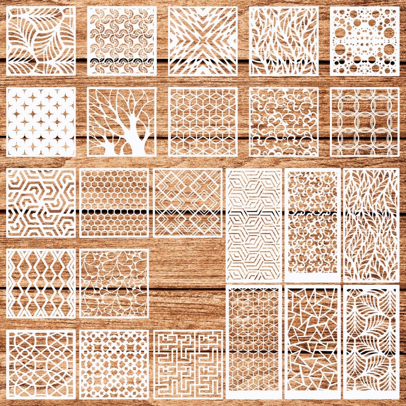 24Pcs Stencils for Painting Reusable Geometric Painting Stencils Abstract Layering Stencil for Painting on Wooden Furniture Floor Xmas Decor DIY Supplies