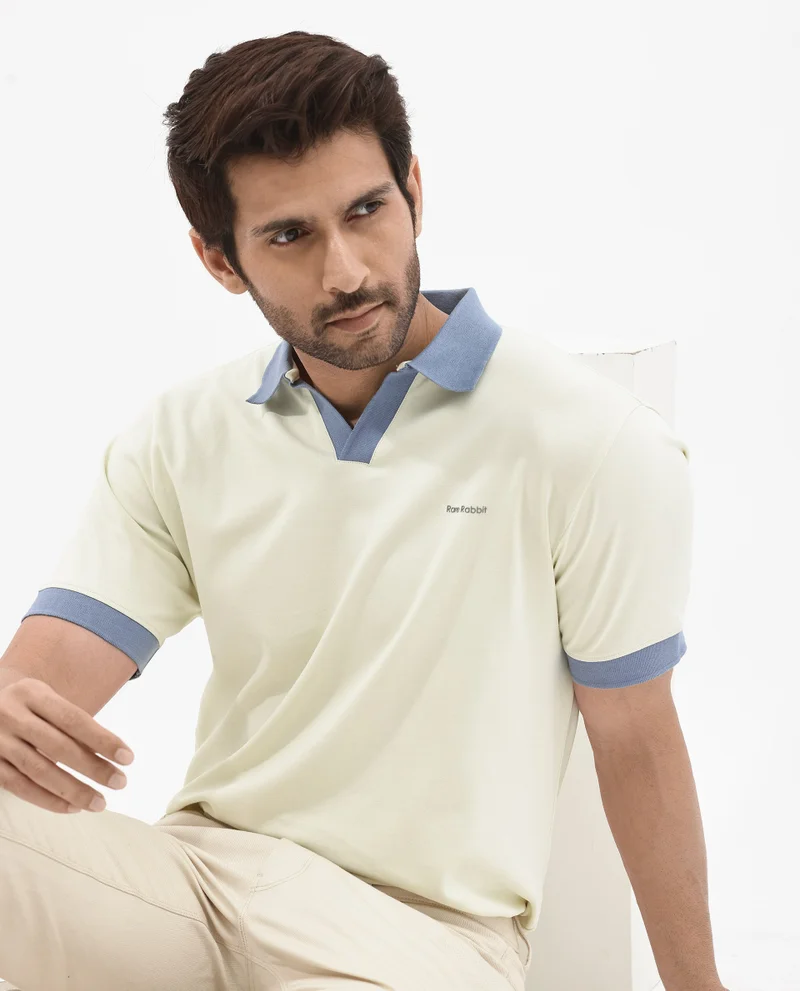 Rare Rabbit Rare Rabbit Men's Carmelon Light Green Cotton Fabric Johnny Collar Short Sleeves Plain Knit Polo