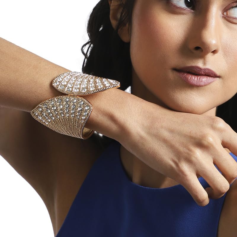 SOHI Women's Crystal Fan Bracelet - Gold Colour For Casual Wear | Alloy Meterial | Adjustable Closure | Artificial Stone Bracelet | Bracelet For Woman & Girls - Image 5