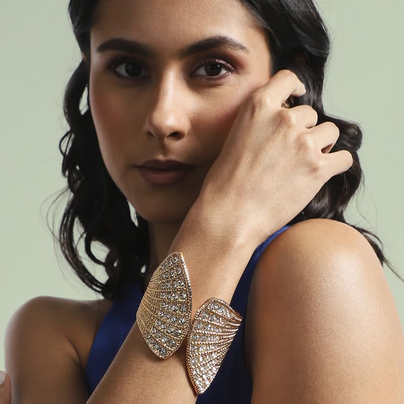 SOHI Women's Crystal Fan Bracelet - Gold Colour For Casual Wear | Alloy Meterial | Adjustable Closure | Artificial Stone Bracelet | Bracelet For Woman & Girls - Image 2