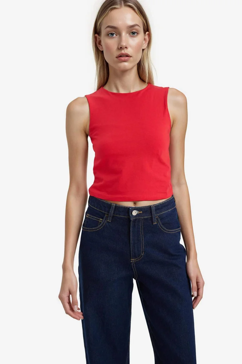 ديفاكتو Regular Fit Basic Crew Neck Red Tank Top