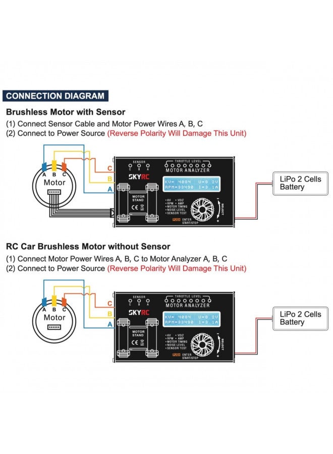 SkyRC Brushless Motor Analyzer: Motor KV, RPM, Timing Measurement, Hall Sensor Check, Brushless Motor Tester with 2x16 Characters LCD - Ideal for RC Hobby - Image 4