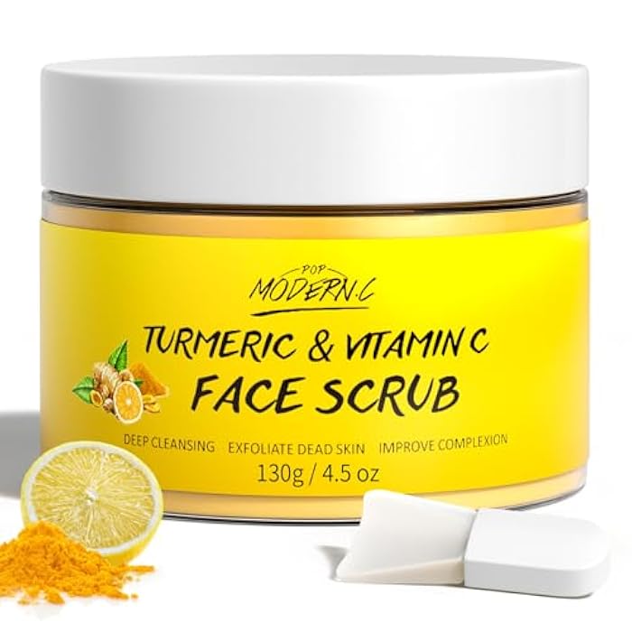 POP MODERN.C Vitamin C and Turmeric Face Scrub Cream Organics Microdermabrasion Facial Scrub Exfoliating Clears Blackheads Improve Dark Spot Acne with Strawberry Extract Exfoliator 130g/4.5oz - Image 1