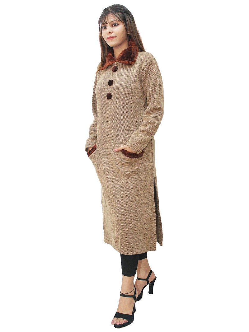 Matelco Women's Woolen Straight Fit Collared Neck Kurti (Ad04Caz45_Black_Parent, Large, Brown) - Image 3
