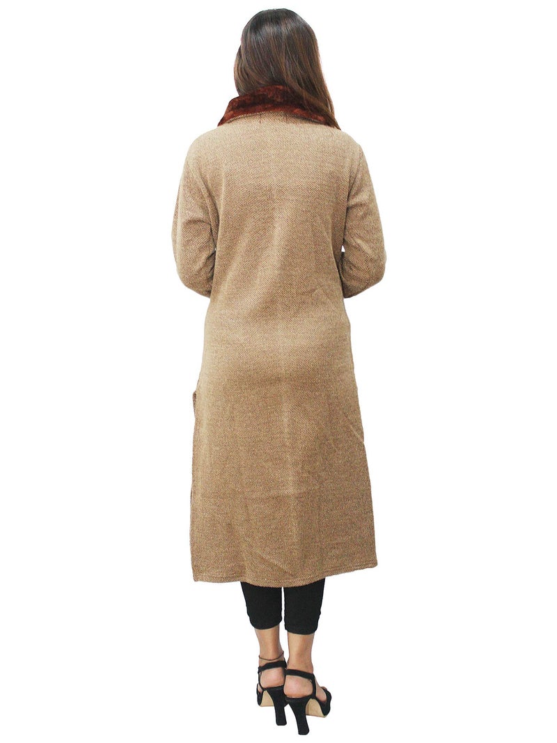 Matelco Women's Woolen Straight Fit Collared Neck Kurti (Ad04Caz45_Black_Parent, Large, Brown) - Image 2