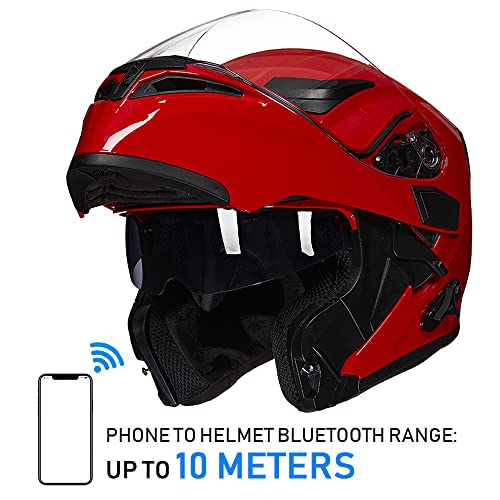 ILM خوذة دراجة نارية بلوتوث ILM قابلة للتحويل كاملة الوجه مع نظارات مزدوجة MP3 إنتركم راديو FM طراز DOT 902BT (أحمر ساطع، متوسط) - Image 5