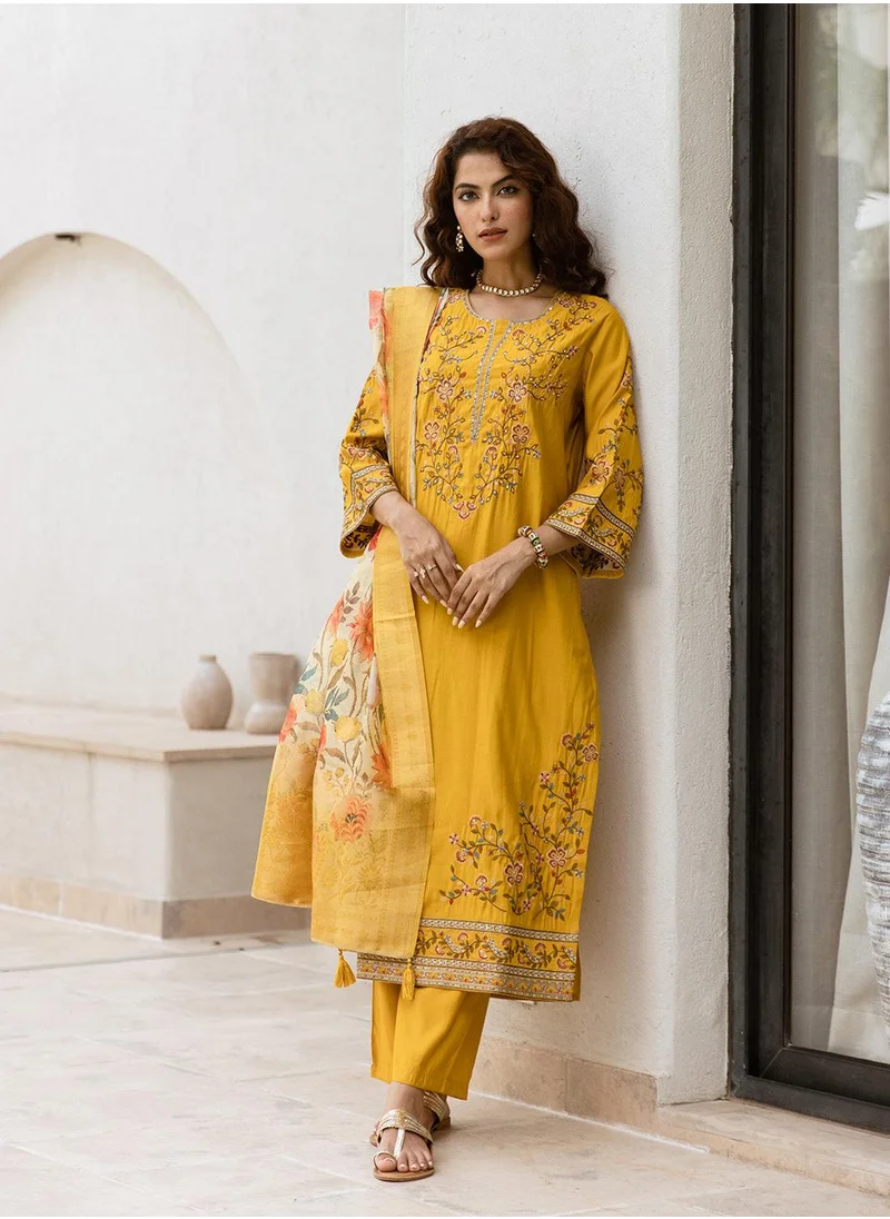 آي شين Women's Mustard Modal Muslin Printed Tunic Full Length Casual Straight Fit Kurta Set