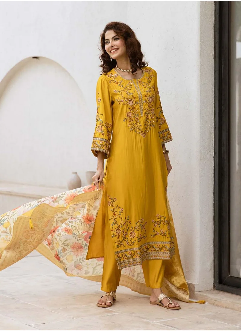 آي شين Women's Mustard Modal Muslin Printed Tunic Full Length Casual Straight Fit Kurta Set