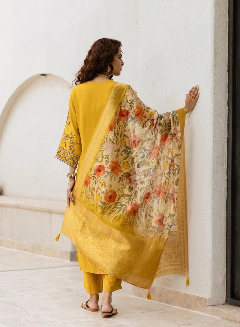 ISHIN Women's Mustard Modal Muslin Printed Tunic Full Length Casual Straight Fit Kurta Set