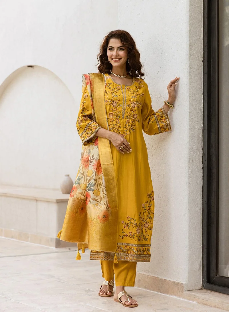 ISHIN Women's Mustard Modal Muslin Printed Tunic Full Length Casual Straight Fit Kurta Set