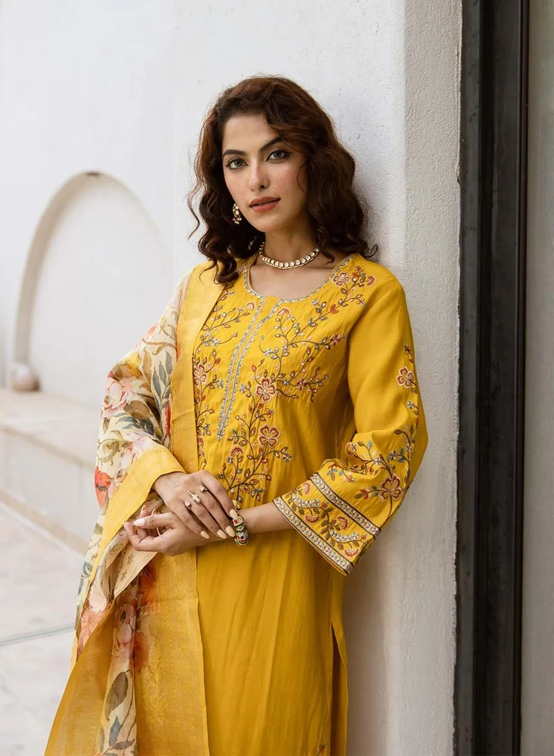 ISHIN Women's Mustard Modal Muslin Printed Tunic Full Length Casual Straight Fit Kurta Set