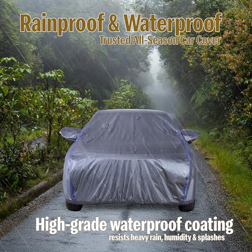 Autofact Waterproof Car Body Cover Compatible with Maruti Alto 800 (2012 to 2022), with Mirror Pockets, 210D Waterproof Grey Color Fabric, with Blue Piping, Shinning Look - Image 3