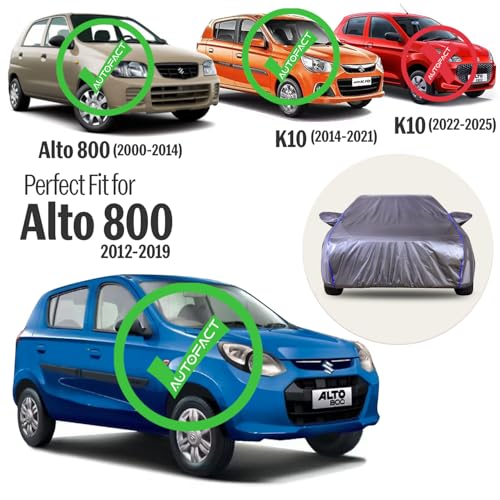 Autofact Waterproof Car Body Cover Compatible with Maruti Alto 800 (2012 to 2022), with Mirror Pockets, 210D Waterproof Grey Color Fabric, with Blue Piping, Shinning Look - Image 2