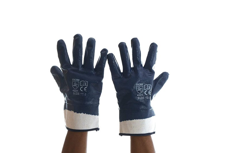 WYATT Fully Coated Nitrile Gloves Safety Work Gloves reinforced safety cuff Multipurpose, Blue/White 4 Pairs (Pack of 8) - Image 4