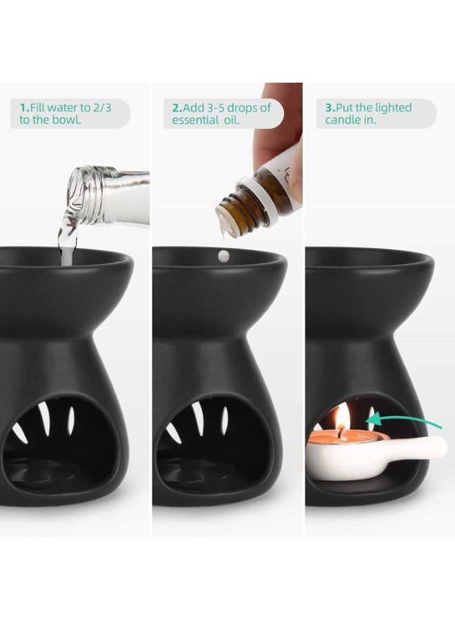 CHIYLE Black Ceramic Tealight Holder with Oil Burner and Candle Tray Hollow Flame Cut Design Aroma Warmer for Home Balcony Garden Decoration - Image 4