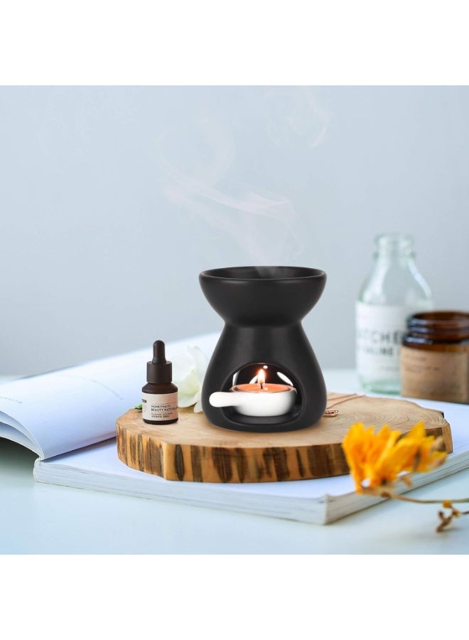 CHIYLE Black Ceramic Tealight Holder with Oil Burner and Candle Tray Hollow Flame Cut Design Aroma Warmer for Home Balcony Garden Decoration - Image 3