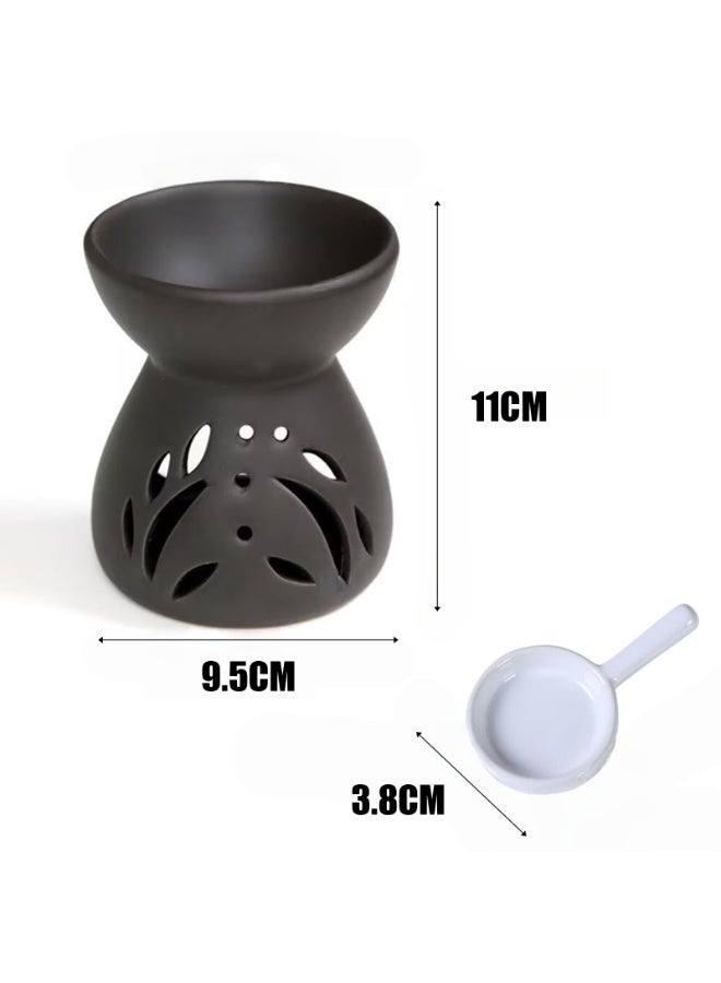 CHIYLE Black Ceramic Tealight Holder with Oil Burner and Candle Tray Hollow Flame Cut Design Aroma Warmer for Home Balcony Garden Decoration - Image 5