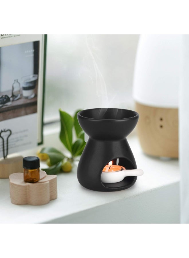 CHIYLE Black Ceramic Tealight Holder with Oil Burner and Candle Tray Hollow Flame Cut Design Aroma Warmer for Home Balcony Garden Decoration - Image 1