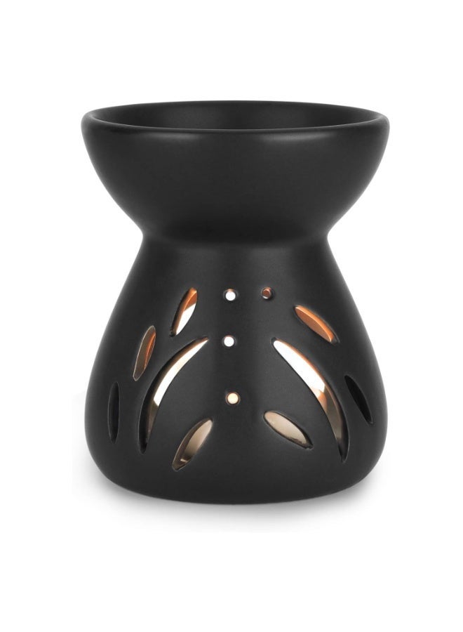 CHIYLE Black Ceramic Tealight Holder with Oil Burner and Candle Tray Hollow Flame Cut Design Aroma Warmer for Home Balcony Garden Decoration - Image 2