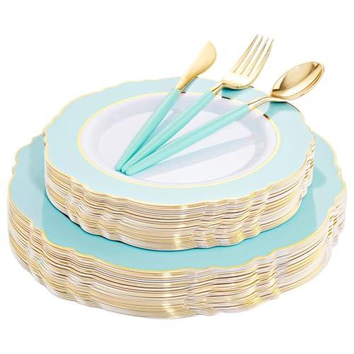 WDF WDF 30Guest Mint Green Plastic Plates  Disposable Gold Silverware With Green HandleBaroque Green Gold Plastic Dinnerware for Upscale PartyPicnicBirthday