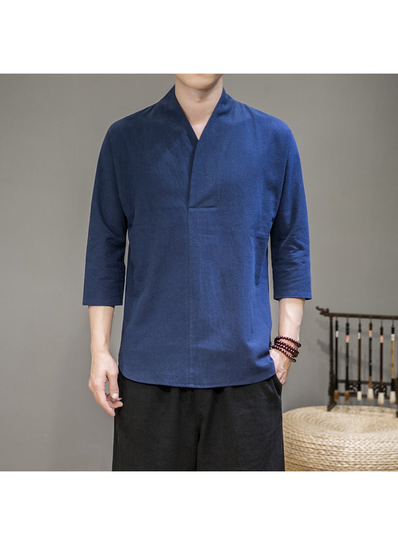 Generic Hanfu Seven-point Sleeve Inner Shirt Mens Loose Chinese-style T-shirt Inner Shirt Top Ancient Suit Base Shirt Seven-point Sleeve Inner Shirt Chubby Coffee  - Image 2