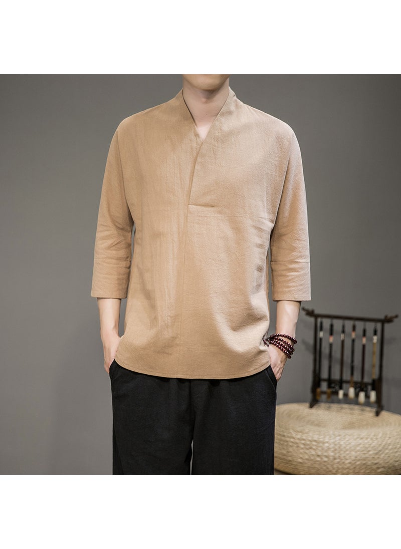 Generic Hanfu Seven-point Sleeve Inner Shirt Mens Loose Chinese-style T-shirt Inner Shirt Top Ancient Suit Base Shirt Seven-point Sleeve Inner Shirt Chubby Coffee  - Image 1
