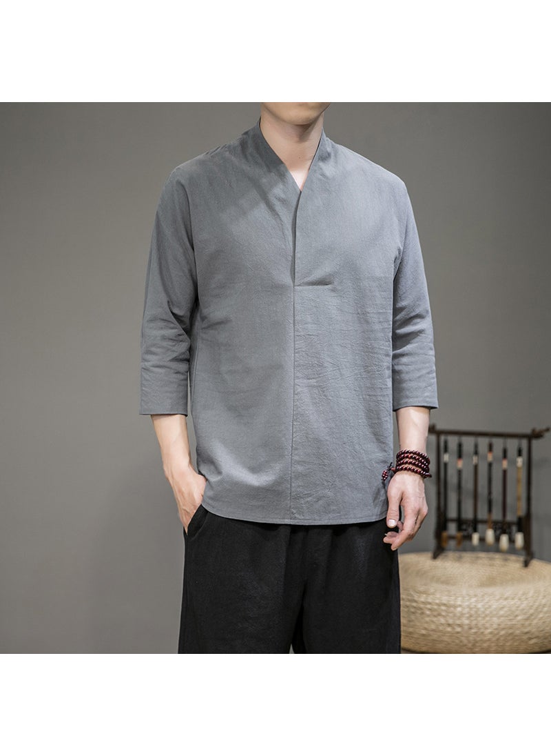 Generic Hanfu Seven-point Sleeve Inner Shirt Mens Loose Chinese-style T-shirt Inner Shirt Top Ancient Suit Base Shirt Seven-point Sleeve Inner Shirt Chubby Coffee  - Image 3