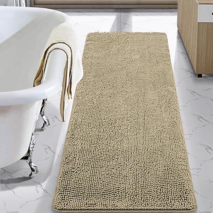 LUXURY BATHROOM RUG SHAGGY BATH MAT 24 X 60 INCH WASHABLE NON SLIP BATH RUGS FOR BATHROOM SHOWER SOFT PLUSH CHENILLE ABSORBENT CARPETS MATS BEIGE