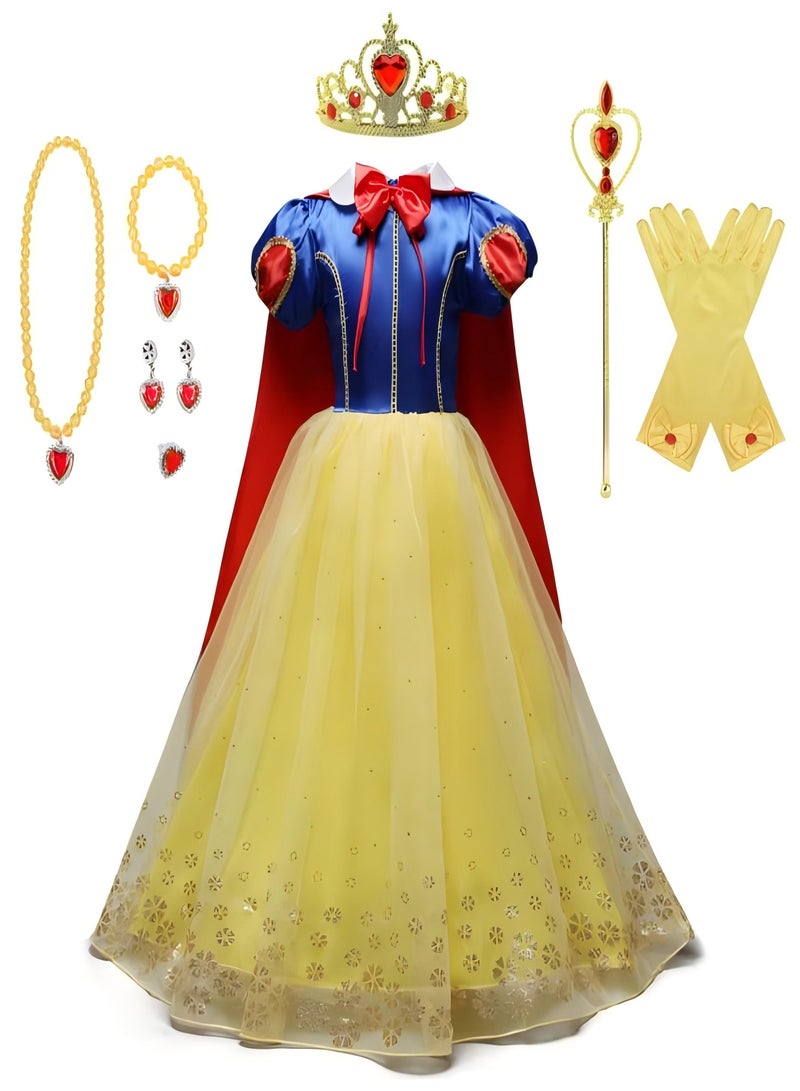 الفتيات ثوب أبيض الثلج فستان هالوين أحمر كيب شبكة منتفخ اللباس اللباس الاطفال اللباس اكسسوارات سبع قطع مجموعة