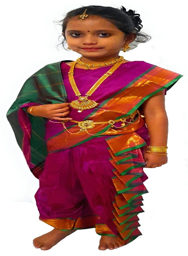 LUSTER ساري لستار الفتاة من الحرير شاهي ماستاني نافواري 9 فاري للأطفال الرضع جاهز للارتداء مخيط تقليدي ماهاراشتري في الزواج، المناسبات، المهرجانات والمناسبات التقليدية (5-6 سنوات، بنفسجي) - Image 2