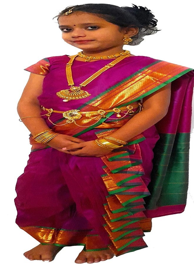 LUSTER ساري لستار الفتاة من الحرير شاهي ماستاني نافواري 9 فاري للأطفال الرضع جاهز للارتداء مخيط تقليدي ماهاراشتري في الزواج، المناسبات، المهرجانات والمناسبات التقليدية (5-6 سنوات، بنفسجي) - Image 1