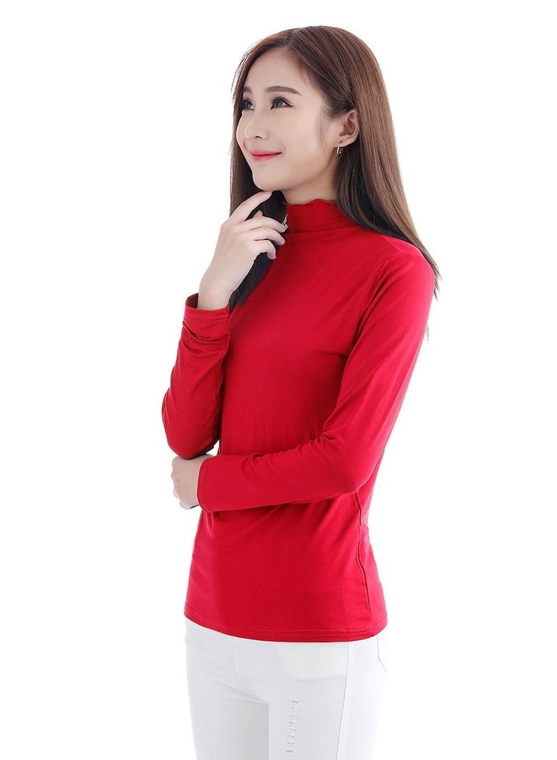 Loquat Lady's Solid Color Long Sleeve Turtle Neck Udershirt Base Layer Shirt Red 